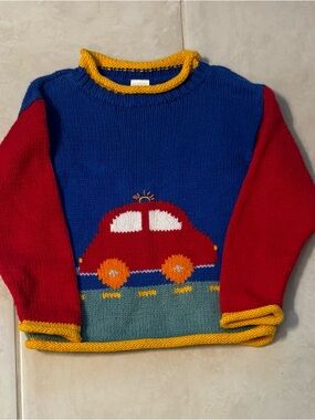 Boys 100% Cotton Rollneck Sweater with Car - Red, Blue, Yellow
